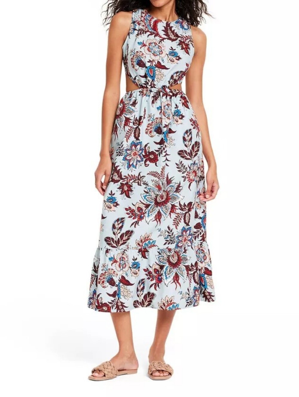 RHODE x Target Blue Leafy Paisley Floral Print Cut Out Ruffled Maxi Dress